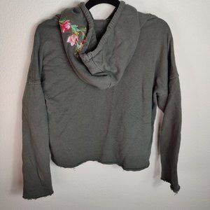 Betsey Johnson Embroidered Cropped Distressed Hoodie Greenish Gray